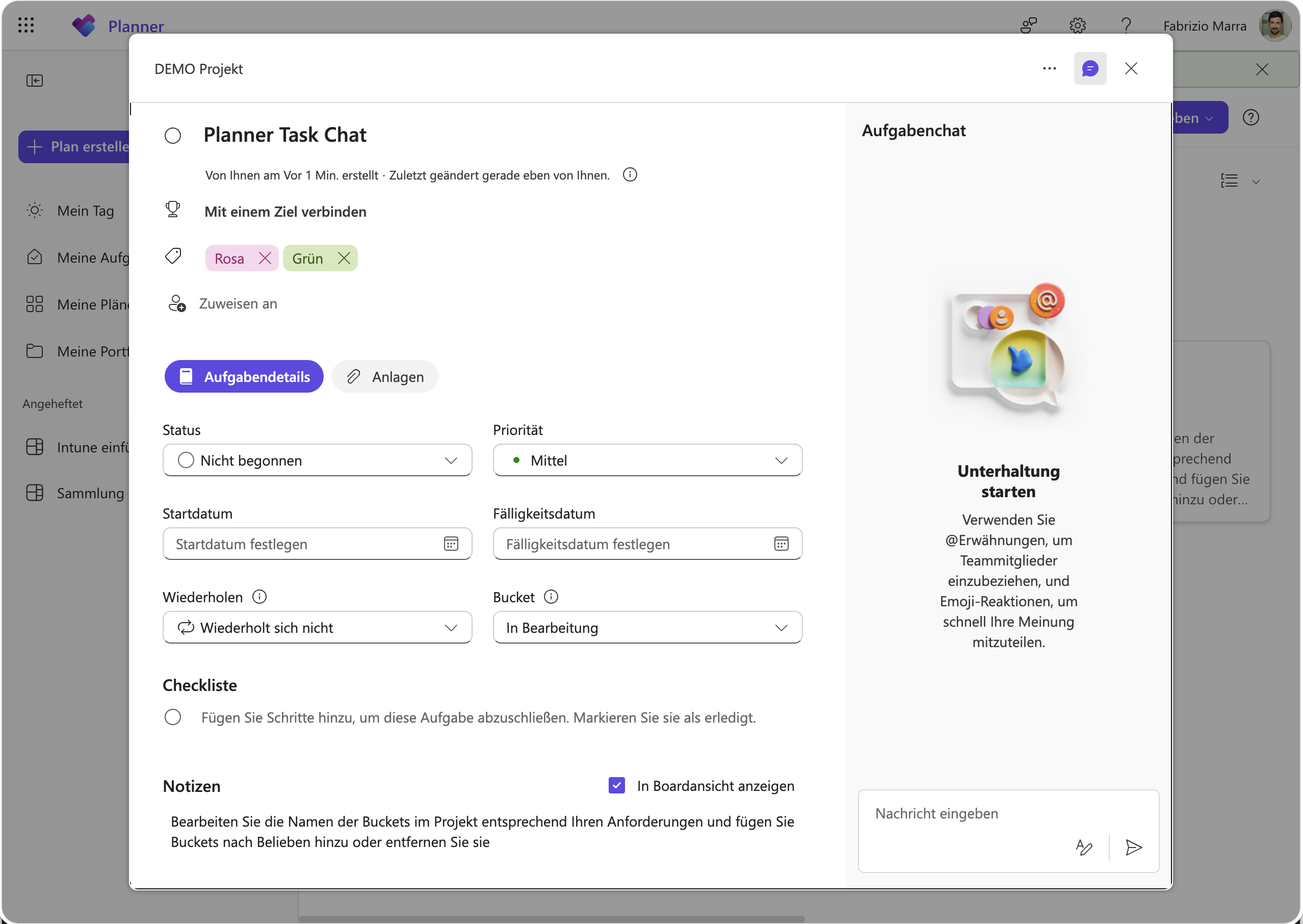 Microsoft Planner Aufgabenchat – die Chatfunktion erscheint rechts neben den Aufgabendetails